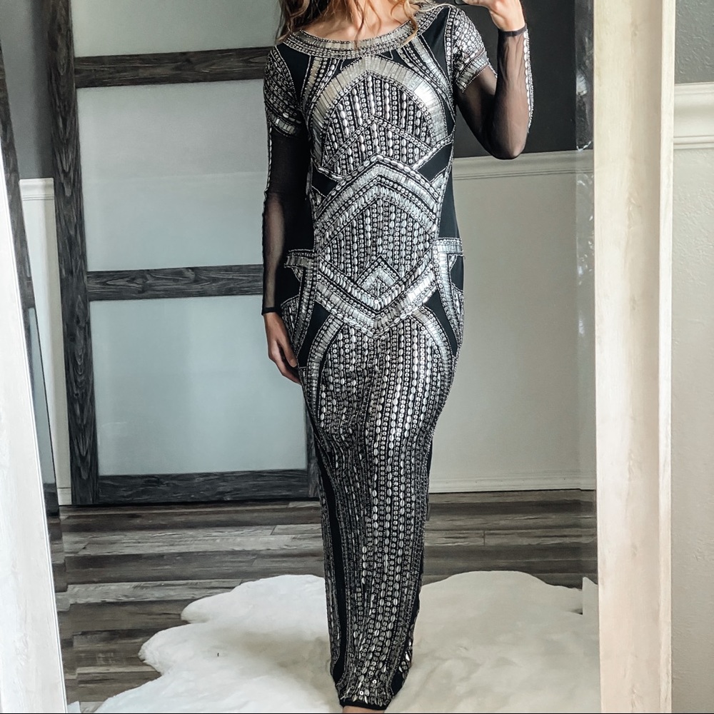 Women's Black River Island Long Sleeve Black Embellished Maxi Dress